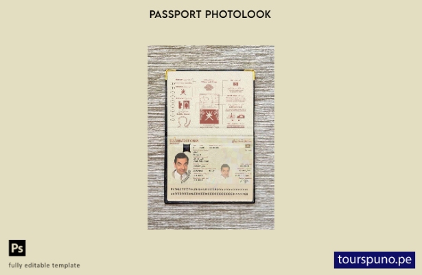 Plantilla de aspecto fotográfico lista para imprimir pasaporte de Omán (presente